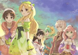 Rule 34 | 1boy, 5girls, :d, ahoge, animal ears, animal hat, apple, arms behind back, artist name, atelier (series), atelier ayesha, atelier escha &amp; logy, atelier shallie, ayesha altugle, bag, bell, belt, beret, black hair, black shirt, blonde hair, blue eyes, blue hairband, blue shirt, blue skirt, blue sky, blunt bangs, blush, braid, breasts, brown belt, brown eyes, brown hair, brown jacket, brown skirt, closed mouth, cloud, collarbone, commentary request, dress, escha malier, fake animal ears, fingerless gloves, flower, food, fruit, gloves, gradient sky, green dress, green eyes, green hair, green headwear, green sky, grey hair, hair bell, hair between eyes, hair flower, hair ornament, hairband, hat, holding, holding food, holding fruit, jacket, leaning forward, logix ficsario, long hair, long sleeves, looking at viewer, medium breasts, mini hat, multiple girls, nio altugle, off-shoulder dress, off shoulder, open mouth, orange gloves, outdoors, parted bangs, pink hair, plaid, plaid skirt, puffy short sleeves, puffy sleeves, purple eyes, purple jacket, red apple, ribbed sweater, see-through, shallistera (atelier), shallotte elminus, shirt, short hair, short sleeves, shoulder bag, siblings, signature, sisters, skirt, sky, smile, strapless, strapless dress, sweater, turtleneck, twintails, umiroku, upper body, very long hair, white dress, white flower, white headwear, white shirt, white sweater, wrist cuffs