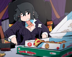 Rule 34 | 1girl, black eyes, black hair, blurry, blurry background, breasts, chair, cleavage, collared shirt, cup, curtains, food, food on body, food on face, highres, jacket, jewelry, lucia (scott malin), medium breasts, medium hair, necklace, original, papa john&#039;s, parody, parted lips, pepperoni, pizza, pizza box, pizza slice, scarface, scott malin, shadow, shirt, solo, striped clothes, striped jacket, striped vest, vest, white shirt