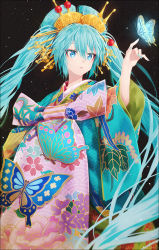 Rule 34 | 1girl, alternate hairstyle, aqua hair, aqua nails, beads, black background, blue butterfly, blue eyes, blurry, bug, butterfly, floral print, geisha, glowing butterfly, hair ornament, hair stick, hakusai (tiahszld), hand up, hatsune miku, highres, insect, long hair, looking away, looking to the side, nail polish, nihongami, obi, parted lips, reaching, sash, sayagata, seigaiha, solo, standing, twintails, very long hair, vocaloid