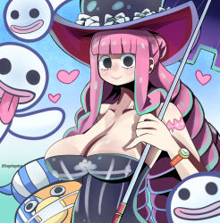 Rule 34 | 1girl, black eyes, blunt bangs, breasts, cleavage, devil fruit, dragodragodran, dress, drill hair, flower, hat, hat flower, heart, highres, holding, holding stuffed toy, holding umbrella, horo horo no mi, large breasts, lips, lipstick, long hair, looking at viewer, makeup, no pupils, one piece, perona, pink hair, raised eyebrow, shiny skin, simple background, smile, smug, solo, stuffed toy, top hat, twintails, umbrella