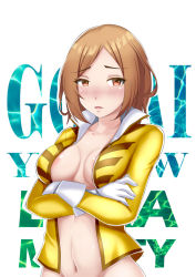 Rule 34 | 1girl, brown eyes, brown hair, curvy, gloves, highres, jacket, kaizoku sentai gokaiger, luka millfy, naked from the waist down, open clothes, open jacket, super sentai, リズキリサキ
