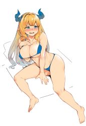 Rule 34 | 10s, 1girl, absurdres, barefoot, bikini, blonde hair, blue bikini, blue eyes, blush, breast suppress, breasts, collarbone, draph, full body, granblue fantasy, highres, horns, large breasts, long hair, menea, navel, open mouth, pointy ears, razia, simple background, solo, swimsuit, tears, white background