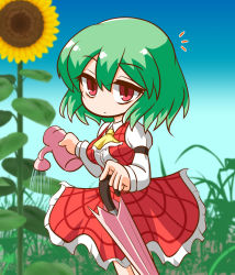 Rule 34 | 1girl, ascot, breasts, closed umbrella, collared shirt, commentary request, dress shirt, flower, frilled skirt, frills, green hair, hair between eyes, highres, holding, holding umbrella, holding watering can, juliet sleeves, kajiya no masa, kazami yuuka, long skirt, long sleeves, no nose, one-hour drawing challenge, open clothes, open vest, outdoors, plaid, plaid skirt, plaid vest, plant, puffy sleeves, red eyes, red skirt, red vest, shirt, short hair, skirt, skirt set, sky, solo, standing, sunflower, touhou, umbrella, vest, watering can, white shirt, yellow ascot