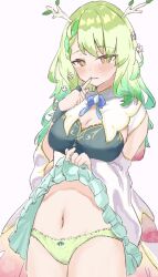 Rule 34 | 1girl, antlers, blush, bow, bow panties, braid, braided bangs, branch, breasts, ceres fauna, cleavage, clothes lift, earl grey no chaba, finger to mouth, flower, green hair, green panties, hair flower, hair ornament, highres, hololive, hololive english, horns, index finger raised, large breasts, lifted by self, long hair, looking at viewer, navel, panties, simple background, skirt, skirt lift, solo, stomach, underwear, virtual youtuber, yellow eyes