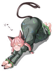 Rule 34 | 1girl, absurdres, ass, barefoot, black nails, bow, braid, cat, cat girl, cat tail, closed eyes, dress, feet, green bow, green dress, hair bow, highres, kaenbyou rin, leaning forward, mahoro (minase mahoro), multiple hair bows, red hair, solo, tail, touhou, twin braids