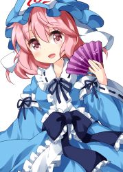 Rule 34 | 1girl, blue hat, blue kimono, blue ribbon, floral print, folding fan, hand fan, hat, highres, holding, holding fan, japanese clothes, kimono, long sleeves, looking at viewer, medium hair, mob cap, neck ribbon, open mouth, pink eyes, pink hair, ribbon, ribbon-trimmed collar, ribbon-trimmed sleeves, ribbon trim, ruu (tksymkw), saigyouji yuyuko, simple background, smile, solo, spiral, standing, touhou, triangular headpiece, white background, wide sleeves