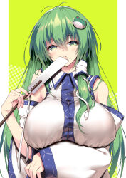 Rule 34 | 1girl, absurdres, antenna hair, bare shoulders, blush, breasts, detached sleeves, frog hair ornament, gohei, green eyes, green hair, hair between eyes, hair ornament, hair tubes, highres, holding, huge breasts, japanese clothes, kochiya sanae, long hair, looking at viewer, nontraditional miko, open mouth, sakurame, snake hair ornament, solo, touhou, upper body, white sleeves, wide sleeves