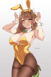 Rule 34 | 1girl, alternate costume, animal ears, braid, braided ponytail, breasts, brown hair, cleavage, fake animal ears, fake tail, fire emblem, fire emblem engage, goldmary (fire emblem), green footwear, highres, large breasts, leotard, long hair, looking at viewer, low ponytail, mole, mole on breast, nintendo, pantyhose, playboy bunny, rabbit ears, rabbit tail, ribbon, solo, symoca, tail, white ribbon, white wrist cuffs, wrist cuffs, yellow eyes, yellow leotard