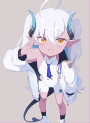 Rule 34 | 1girl, :d, ahoge, blue archive, blue necktie, coat, colored inner hair, commentary request, demon girl, demon horns, demon tail, dress, eko, grey hair, hair between eyes, halo, highres, horns, leaning forward, long hair, long sleeves, looking at viewer, multicolored hair, necktie, open clothes, open coat, open mouth, pointy ears, school uniform, shoes, short dress, sidelocks, simple background, sleeveless, smile, solo, sumomo (blue archive), tail, two-tone hair, two side up, whispering, white coat, white dress, white hair, yellow eyes