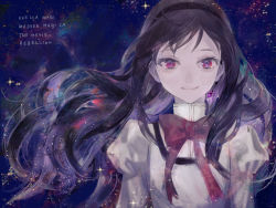 Rule 34 | 1girl, akemi homura, black hair, blouse, bow, colored inner hair, copyright name, english text, eyelashes, hairband, high collar, long hair, long sleeves, looking at viewer, mahou shoujo madoka magica, mahou shoujo madoka magica: hangyaku no monogatari, multicolored hair, nishihara isao, puffy long sleeves, puffy sleeves, red eyes, school uniform, shirt, smile, solo, space, sparkle, white shirt, wind, wind lift