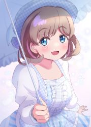 Rule 34 | 1girl, blue eyes, blush, checkered clothes, checkered dress, checkered headwear, commentary request, curly hair, dress, frills, hat, highres, holding, holding umbrella, light brown hair, long sleeves, looking at viewer, love live!, love live! superstar!!, open mouth, ritaso, short hair, smile, solo, tang keke, umbrella, upper body, white dress