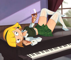 Rule 34 | 1girl, alcohol, barleyshake, black eyes, black sweater vest, blonde hair, blush, breasts, cup, curtains, drink, drinking glass, earrings, green skirt, hairband, hey arnold!, holding, instrument, jewelry, long sleeves, looking at viewer, lying, midriff, nickelodeon, olga pataki, piano, plaid, plaid skirt, shirt, short hair, skirt, small breasts, smile, sweater vest, thighhighs, white shirt, white thighhighs, window, wine, wine glass