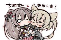 Rule 34 | 10s, 2girls, blonde hair, blush stickers, brown hair, cheek-to-cheek, cherry blossoms, chibi, closed eyes, flower, glasses, hair ornament, hairband, heads together, hug, kantai collection, long hair, machinery, multiple girls, musashi (kancolle), nejikirio, one eye closed, pointy hair, ponytail, smile, twintails, wink, yamato (kancolle)