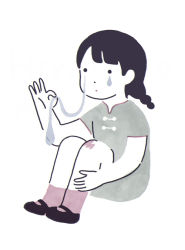 Rule 34 | . ., 1girl, ankle socks, artist name, black footwear, black hair, blending, blunt bangs, closed mouth, dot mouth, dot nose, expressionless, from side, full body, hand on own leg, hand up, hirasawa minami, holding, injury, knees up, legs together, limited palette, looking at viewer, mary janes, original, parted bangs, purple socks, scrape, scraped knee, shoes, short hair, short sleeves, simple background, sitting, socks, solo, surreal, tears, white background