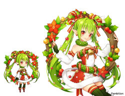 Rule 34 | 1girl, aki no jikan, arms at sides, bare shoulders, bow, detached sleeves, earrings, elf, flower, green hair, green thighhighs, hair ornament, hair rings, holly, jewelry, long hair, looking at viewer, maru-kichi, multiple views, official art, poinsettia, pointy ears, red bow, red eyes, sitting, skirt, standing, star (symbol), star hair ornament, striped clothes, striped skirt, thighhighs, twintails, watermark, wreath