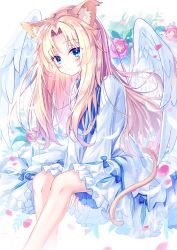 Rule 34 | 1girl, animal ears, bird wings, blonde hair, blue eyes, blurry, blush, cat ears, cat tail, depth of field, dress, feathered wings, filo (tate no yuusha no nariagari), floral background, flower, highres, kemonomimi mode, long hair, looking at viewer, petals, rose, satou (3366 s), sitting, solo, tail, tate no yuusha no nariagari, white dress, white wings, wind, wings