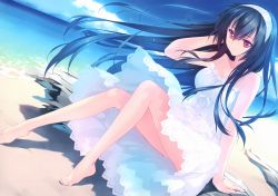 Rule 34 | 1girl, absurdres, arm support, bare shoulders, barefoot, blue hair, blue sky, breasts, carnelian, cleavage, cloud, cloudy sky, collarbone, day, dress, hairband, highres, kantai collection, long hair, medium breasts, ocean, outdoors, red eyes, scan, sitting, sky, solo, toes, water
