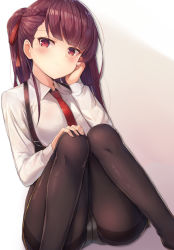 Rule 34 | 1girl, arm support, black pantyhose, blush, bow, braid, brown hair, closed mouth, collared shirt, commentary, dutch angle, fingernails, girls&#039; frontline, hair bow, head tilt, highres, knees together feet apart, long hair, long sleeves, motokonut, necktie, one side up, panties, panties under pantyhose, pantyhose, pinstripe pattern, red bow, red eyes, red necktie, shirt, sitting, solo, striped clothes, striped shirt, suspenders, thighband pantyhose, underwear, vertical-striped clothes, vertical-striped shirt, very long hair, wa2000 (girls&#039; frontline), white shirt