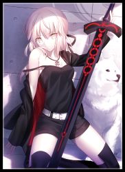 Rule 34 | 1girl, against wall, artoria pendragon (all), artoria pendragon (fate), astolfo (fate), bare shoulders, belt, blonde hair, cavall the 2nd, dog, excalibur morgan (fate), fate/grand order, fate/stay night, fate (series), highres, jacket, jewelry, kneeling, long hair, mashima saki (mashimasa), necklace, off shoulder, official alternate costume, ponytail, saber alter, saber alter (ver. shinjuku 1999) (fate), shadow, shorts, solo, strap slip, sword, tank top, thighhighs, weapon, yellow eyes
