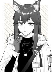 Rule 34 | 1girl, absurdres, animal ear fluff, animal ear piercing, animal ears, arknights, character name, coat, expressionless, fur-trimmed coat, fur-trimmed hood, fur trim, greyscale, hand up, highres, holding, hood, hood down, hooded coat, jewelry, long hair, monochrome, necklace, official alternate costume, open clothes, open coat, parted lips, sidelocks, solo, spot color, strap, suika aji, sweater, texas (arknights), texas (winter messenger) (arknights), turtleneck, turtleneck sweater, unfinished, upper body, wolf ears, wolf girl