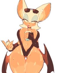 Rule 34 | animal ears, bat ears, bat girl, bat wings, breasts, cleavage, drinking, eyelashes, eyeshadow, highres, inner sideboob, large breasts, makeup, revealing clothes, rouge the bat, sonic (series), sunglasses, sunglasses on head, swimsuit, tan, tanline, thick thighs, thighs, usa37107692, white fur, wide hips, wings