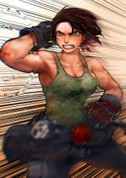 Rule 34 | 1girl, absurdres, angry, arm up, armpits, attack, ayaki blade, bare arms, bare shoulders, biker clothes, breasts, brown hair, camisole, camouflage, capcom, chromatic aberration, cleavage, clenched teeth, collarbone, floating hair, gloves, highres, justice gakuen, kazama akira, medium breasts, motion blur, saliva, short hair, solo, speed lines, street fighter, tearing up, teeth, toned, v-shaped eyebrows, yellow eyes