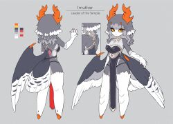 Rule 34 | 1girl, antlers, bird girl, bird tail, bird wings, black dress, breasts, bright pupils, character sheet, claws, cleavage, closed mouth, color guide, colored inner hair, colored sclera, colored skin, colored tips, commentary, cyany, dress, english commentary, english text, feathered wings, full body, grey background, grey hair, grey skin, grey wings, hand up, highres, horns, imuthar (cyany), long hair, looking at viewer, low wings, medium breasts, monster girl, multicolored hair, multiple horns, no feet, orange eyes, orange horns, original, pelvic curtain, simple background, standing, tail, white skin, wings, yellow sclera