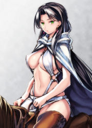 Rule 34 | 1girl, arslan senki, black hair, boots, breasts, brown thighhighs, cleavage, cloak, coffee cat, dress, earrings, falangies, green eyes, halterneck, hood, hooded cloak, horse, horseback riding, jewelry, large breasts, long hair, navel, no bra, parted bangs, perky breasts, revealing clothes, riding, side slit, sidelocks, sitting, skirt, sleeveless, sleeveless dress, solo, straddling, strap gap, thigh boots, thighhighs, underboob, white dress