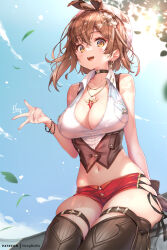 Rule 34 | 1girl, atelier (series), atelier ryza, atelier ryza 3, bare shoulders, belt, beret, black ribbon, blue sky, blush, braid, breasts, brown eyes, brown hair, brown thighhighs, choker, cleavage, clover hair ornament, collarbone, collared shirt, commentary, crown braid, earrings, hair ornament, hat, hong (white spider), jewelry, large breasts, looking at viewer, midriff, navel, necklace, open mouth, pendant, red shorts, reisalin stout, ribbon, shirt, short hair, short shorts, shorts, sky, sleeveless, smile, solo, star (symbol), star earrings, thigh strap, thighhighs, thighs, white hat, white shirt