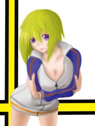 Rule 34 | 10s, 1girl, bad id, bad pixiv id, bottomless, breast hold, breasts, breasts squeezed together, charlotte dunois, cleavage, crossed arms, green hair, highres, infinite stratos, jacket, kidoriyacats, large breasts, naked jacket, purple eyes, short hair, smile, solo, track jacket, unzipped
