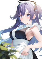 Rule 34 | 1girl, adapted costume, alternate costume, apron, blue archive, blue necktie, blush, breasts, enmaided, frilled apron, frills, halo, highres, large breasts, long hair, looking at viewer, maid, maid headdress, mechanical halo, necktie, parted lips, purple eyes, purple hair, sideboob, simple background, solo, touyou (39kir), two side up, waist apron, white apron, white background, yuuka (blue archive)