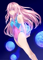 Rule 34 | 1girl, arms behind back, competition swimsuit, covered navel, hata no kokoro, long hair, mendou saya, one-piece swimsuit, pink eyes, pink hair, solo, swimsuit, touhou