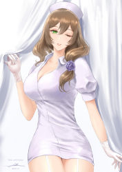 Rule 34 | 1girl, asymmetrical hair, blush, breasts, brown hair, cleavage, collarbone, commission, dress, filha, garter straps, genshin impact, gloves, green eyes, hair ornament, hat, highres, large breasts, lisa (genshin impact), long hair, looking at viewer, nurse, nurse cap, one eye closed, parted lips, skeb commission, solo, white dress, white gloves