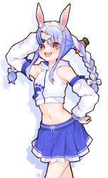 Rule 34 | 1girl, animal ear fluff, animal ears, bare shoulders, blue hair, blush, braid, breasts, carrot hair ornament, food-themed hair ornament, hair ornament, highres, hololive, hood, hood down, long hair, looking at viewer, ma draws, midriff, multicolored hair, navel, open mouth, orange eyes, pleated skirt, rabbit-shaped pupils, rabbit ears, rabbit girl, short eyebrows, skirt, small breasts, smile, solo, symbol-shaped pupils, thick eyebrows, twin braids, twintails, two-tone hair, usada pekora, virtual youtuber, white hair