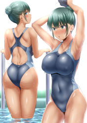 Rule 34 | 1girl, arima kouichi, armpits, arms up, ass, blue one-piece swimsuit, breasts, commentary request, competition swimsuit, covered navel, from behind, green eyes, green hair, grey one-piece swimsuit, hair bun, highres, large breasts, long hair, looking at viewer, multiple views, one-piece swimsuit, original, pool ladder, simple background, single hair bun, standing, swimsuit, water, white background