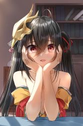 Rule 34 | 1girl, :d, absurdres, ahoge, azur lane, bare shoulders, black hair, bookshelf, elbow rest, empty eyes, eyes visible through hair, hair between eyes, hair ribbon, hands on own face, head rest, highres, indoors, light particles, long hair, looking at viewer, mask, mask on head, open mouth, pentagon (railgun ky1206), red eyes, ribbon, smile, solo, taihou (azur lane), twintails, yandere