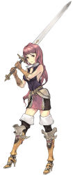 Rule 34 | 1girl, armor, bare shoulders, boots, breasts, brown eyes, fantasy, female focus, full body, longsword, natsuhara, original, pink hair, purple hair, simple background, skirt, solo, sword, thighhighs, weapon, white background, zettai ryouiki