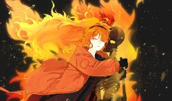 Rule 34 | 1girl, black background, black gloves, closed eyes, closed mouth, colored eyelashes, e.g.o (project moon), fiery hair, fiery wings, fire, frown, gloves, hairband, highres, hug, ishmael (project moon), jacket, limbus company, long hair, long sleeves, orange hair, orange jacket, pinkeg0 plz, project moon, skeleton, solo, upper body, very long hair, wings