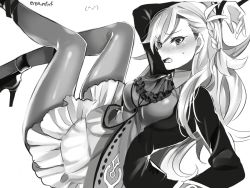 Rule 34 | 1girl, arm support, blush, breasts, emoticon, fate/grand order, fate (series), female focus, greyscale, high heels, large breasts, legs, long hair, looking at viewer, monochrome, olga marie animusphere, pantyhose, sentaku nori, simple background, sitting, solo, white background