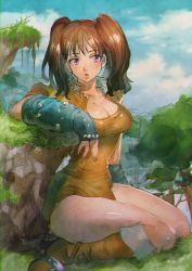 Rule 34 | 10s, 1girl, aoki (fumomo), bad id, bad pixiv id, blush, boots, breasts, brown hair, cleavage, cloud, day, diane (nanatsu no taizai), fingerless gloves, giant, giantess, gloves, grass, high heel boots, high heels, large breasts, leotard, long hair, looking to the side, nanatsu no taizai, on ground, outdoors, purple eyes, sitting, sketch, sky, solo, tree, twintails