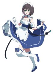 Rule 34 | 1girl, :o, absurdres, aoi erika, apron, blue dress, blue footwear, breasts, brown hair, detached collar, detached sleeves, dress, e li (77864296), full body, heaven burns red, highres, maid apron, maid headdress, short hair, small breasts, solo, standing, thighhighs, white thighhighs
