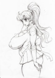 1girl absurdres ass bishoujo_senshi_sailor_moon blush bonten breasts cleavage curvy female_focus gloves greyscale highres huge_breasts kino_makoto long_hair monochrome nipples ponytail sailor_jupiter school_uniform simple_background sketch solo thick_thighs thighs traditional_media