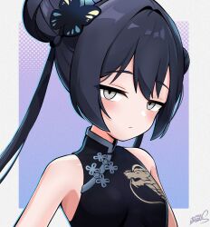 1girl :/ black_dress black_hair blue_archive braid braided_bun butterfly_hair_ornament china_dress chinese_clothes commentary double_bun dragon_print dress grey_eyes hair_bun hair_ornament highres kisaki_(blue_archive) koonowen light_frown portrait print_dress signature solo symbol-only_commentary twintails