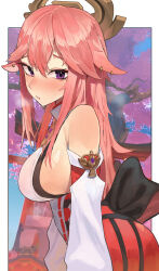 Rule 34 | 1girl, absurdres, animal ears, bare shoulders, breasts, cherry blossoms, eungi, female focus, fox ears, genshin impact, hair between eyes, hair ornament, hakama, halo, highres, japanese clothes, large breasts, long hair, looking at viewer, outdoors, pink hair, purple eyes, red skirt, shirt, sideboob, skirt, sleeveless, sleeveless shirt, solo, sweat, tree, wide sleeves, yae miko