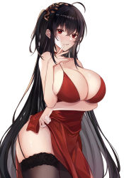 Rule 34 | 1girl, ahoge, azur lane, black hair, blush, breast hold, breasts, choker, cleavage, cocktail dress, collarbone, crossed bangs, dress, hair between eyes, hair ornament, highres, large breasts, long hair, looking at viewer, muki (muki kunxd), official alternate costume, one side up, parted lips, red choker, red dress, red eyes, resolution mismatch, simple background, solo, source smaller, taihou (azur lane), taihou (forbidden feast) (azur lane), white background