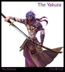 Rule 34 | enotdk, hakama, hakama skirt, japanese clothes, katana, male focus, original, purple eyes, purple hair, samurai, skirt, solo, sword, tattoo, weapon, yakuza