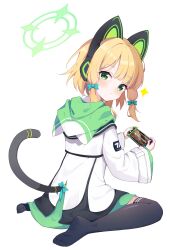 Rule 34 | 1girl, absurdres, animal ear headphones, animal ears, black thighhighs, blonde hair, blue archive, blush, bow, cat ear headphones, cat tail, closed mouth, commentary request, exusiai dust, fake animal ears, full body, green bow, green eyes, green halo, hair bow, halo, handheld game console, headphones, highres, holding, holding handheld game console, jacket, long sleeves, looking at viewer, midori (blue archive), partial commentary, playing games, shirt, short hair, simple background, soles, solo, tail, thighhighs, toes, white background, white jacket