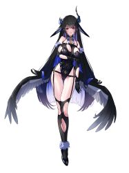 1girl absurdres alternate_costume asymmetrical_hair bare_shoulders black_hair black_horns black_leotard blue_hair breasts fueppu full_body garter_straps highres hololive hololive_english horns large_breasts leotard long_hair low_wings multicolored_hair nerissa_ravencroft playboy_bunny purple_eyes rabbit_girl simple_background solo two-tone_hair virtual_youtuber white_background wings