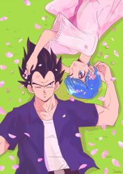 Rule 34 | 1boy, 1girl, ;), ;|, arm at side, artist name, belt, black eyes, black hair, blue eyes, blue hair, blue shirt, bulma, cherry blossoms, commentary request, couple, dragon ball, dragonball z, dress, earrings, expressionless, eyelashes, flower, flower earrings, from above, grass, happy, hetero, highres, holding, holding flower, jewelry, long hair, looking at another, looking up, lying, miiko (drops7), on back, on side, one eye closed, open clothes, open shirt, petals, pink dress, pink flower, shadow, shirt, smile, spiked hair, upside-down, vegeta, very long hair, white shirt, wide sleeves