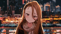 Rule 34 | 1girl, absurdres, black hairband, black jacket, blush, breasts, brown hair, brown scarf, building, cityscape, closed mouth, collarbone, dot nose, earrings, fence, glint, hairband, highres, idolmaster, idolmaster (classic), idolmaster million live!, idolmaster million live! theater days, jacket, jewelry, lens flare, lens flare abuse, long hair, looking at viewer, maka sill, minase iori, outdoors, plaid, plaid scarf, red eyes, river, scarf, small breasts, smile, solo, upper body